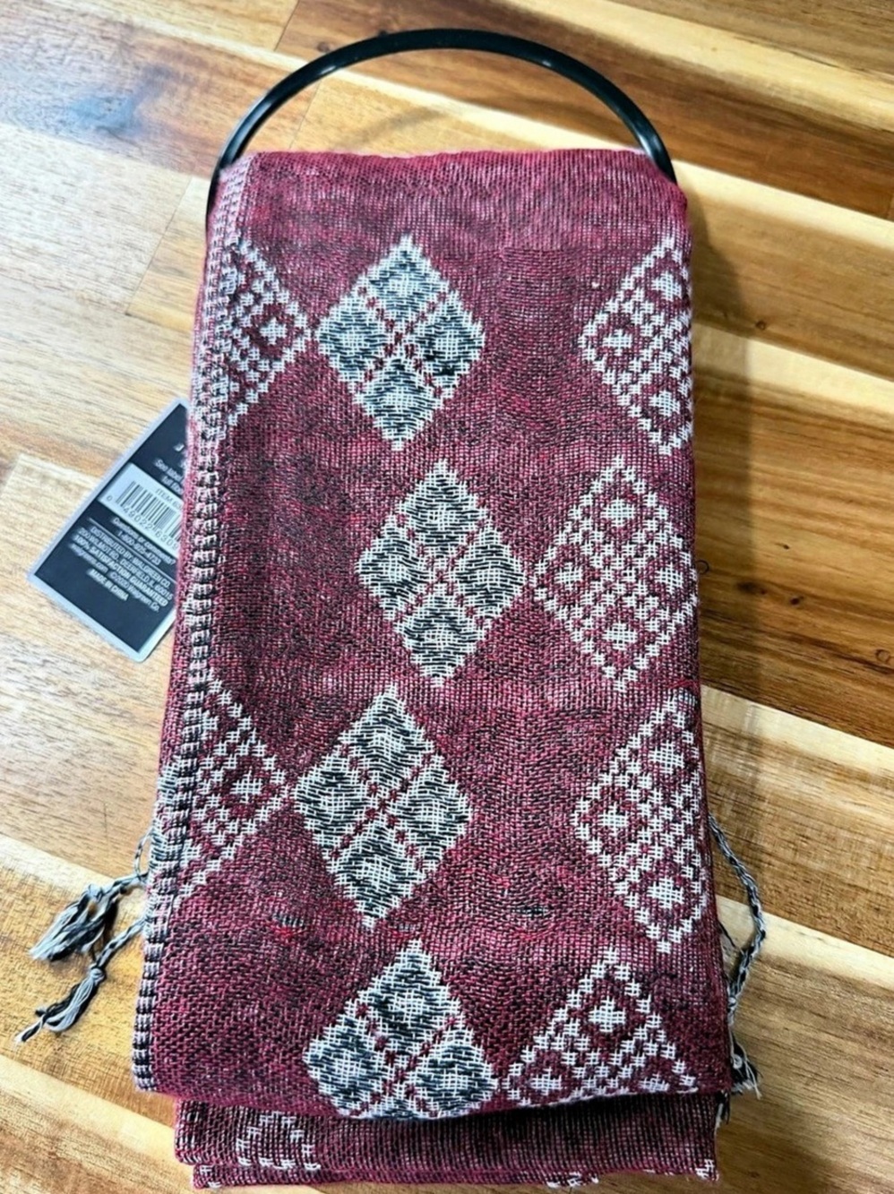 West Loop Red Jacquard Scarf Geometric Fringe NWT